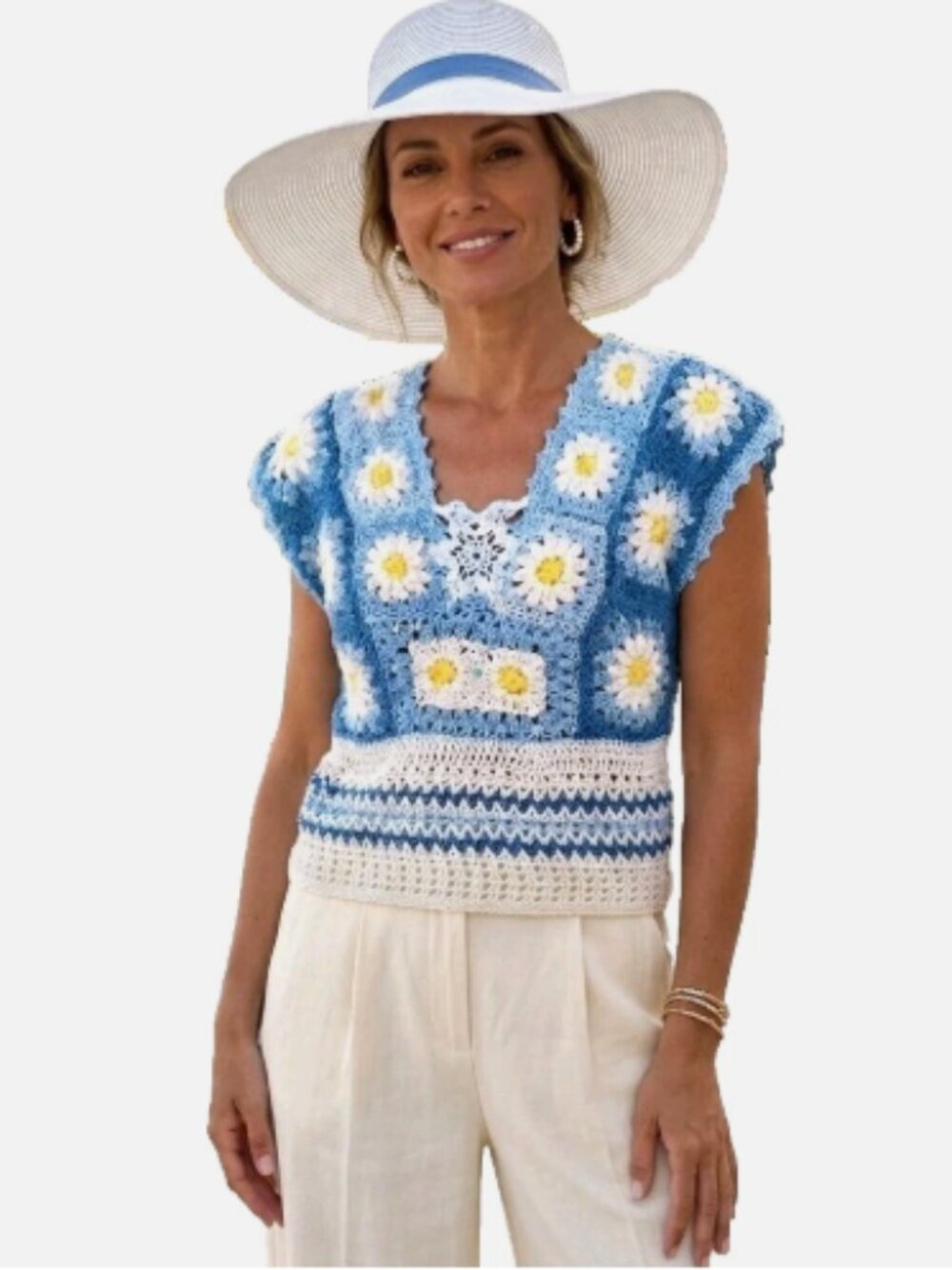 New Handmade Cotton Crochet Crop Top Granny Squares Blue White Daisy Size M